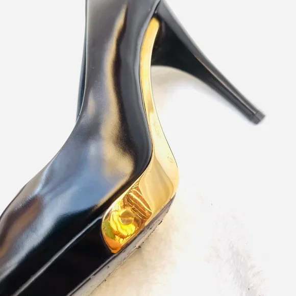 Auc Louis Vuitton Black Leather gold metal trim Pumps 7,5 Rare! $1000 - Picture 10 of 17